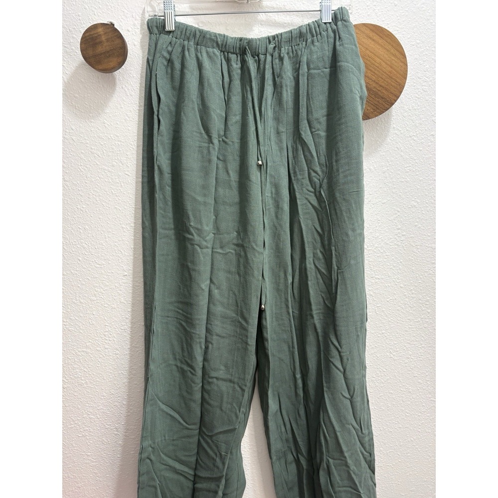 NWT LILLUSORY Linen Blend Sage Green Wide Leg Flowy Pants Medium Elastic Waist